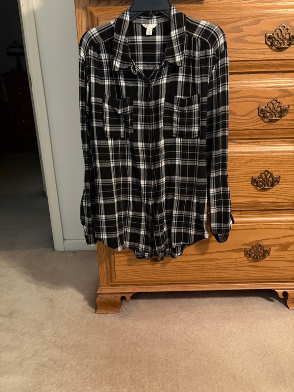 CeCe Black and White Plaid Button-Up Shirt